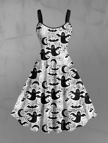 Gothic Plus Size Ghost Bat Moon Print Halloween A Line Tank Dress