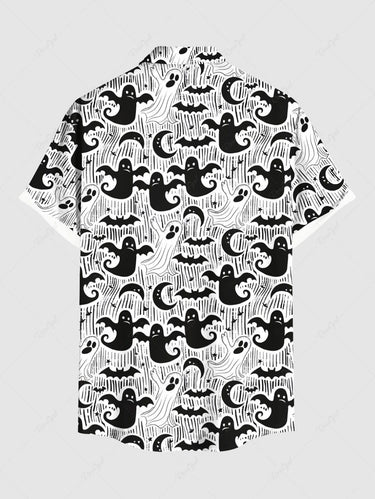 Gothic Plus Size Ghost Bat Moon Print Halloween Button Pocket Shirt For Men