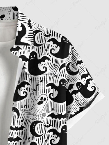 Gothic Plus Size Ghost Bat Moon Print Halloween Button Pocket Shirt For Men