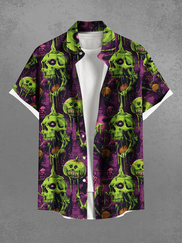 Gothic Plus Size Skull Pumpkin Print Halloween Button Pocket Shirt For Men
