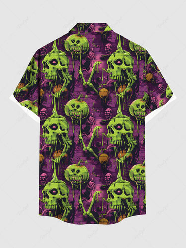 Gothic Plus Size Skull Pumpkin Print Halloween Button Pocket Shirt For Men