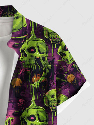 Gothic Plus Size Skull Pumpkin Print Halloween Button Pocket Shirt For Men