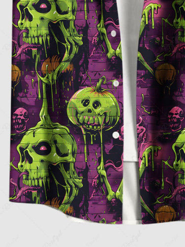 Gothic Plus Size Skull Pumpkin Print Halloween Button Pocket Shirt For Men