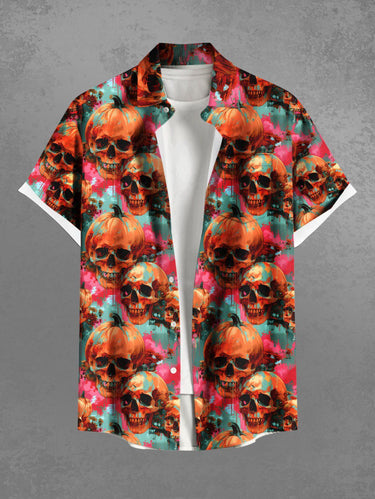 Gothic Plus Size Skull Pumpkin Tie Dye Print Halloween Button Pocket Shirt For Men