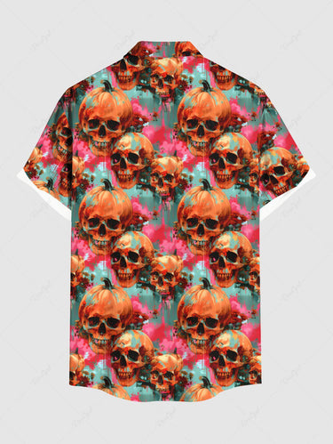 Gothic Plus Size Skull Pumpkin Tie Dye Print Halloween Button Pocket Shirt For Men