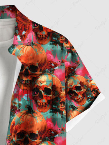 Gothic Plus Size Skull Pumpkin Tie Dye Print Halloween Button Pocket Shirt For Men