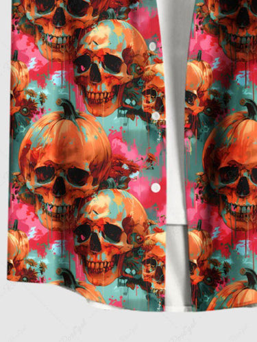 Gothic Plus Size Skull Pumpkin Tie Dye Print Halloween Button Pocket Shirt For Men