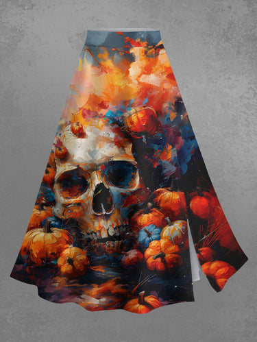 Gothic Plus Size Skull Pumpkin Painting Print Halloween Split A Line Skirt