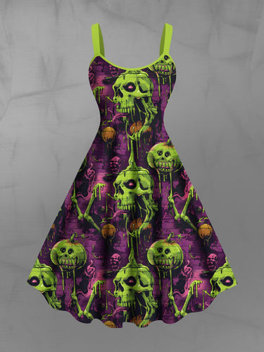 Gothic Plus Size Skull Pumpkin Print Halloween A Line Tank Dress