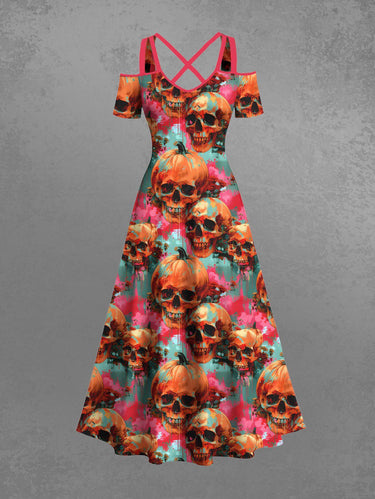 Gothic Plus Size Skull Pumpkin Tie Dye Print Halloween Cold Shoulder Crisscross A Line Maxi Dress