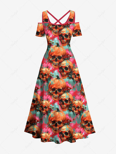Gothic Plus Size Skull Pumpkin Tie Dye Print Halloween Cold Shoulder Crisscross A Line Maxi Dress