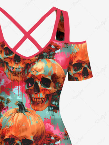 Gothic Plus Size Skull Pumpkin Tie Dye Print Halloween Cold Shoulder Crisscross A Line Maxi Dress
