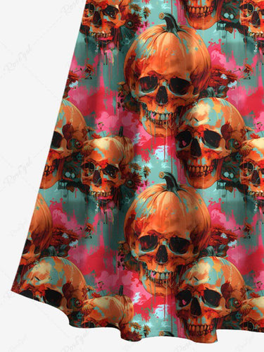 Gothic Plus Size Skull Pumpkin Tie Dye Print Halloween Cold Shoulder Crisscross A Line Maxi Dress