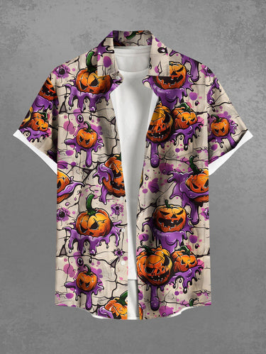 Gothic Plus Size Paint Drop Pumpkin Eye Print Halloween Button Pocket Shirt For Men
