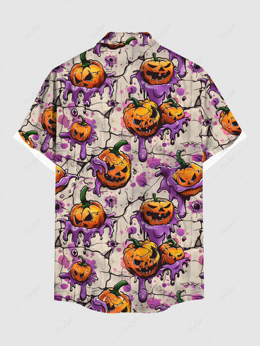Gothic Plus Size Paint Drop Pumpkin Eye Print Halloween Button Pocket Shirt For Men
