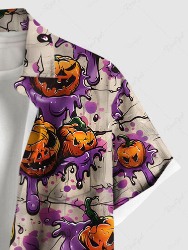 Gothic Plus Size Paint Drop Pumpkin Eye Print Halloween Button Pocket Shirt For Men