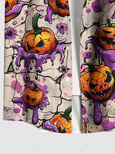 Gothic Plus Size Paint Drop Pumpkin Eye Print Halloween Button Pocket Shirt For Men