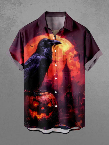 Gothic Plus Size Pumpkin Lantern Crow Castle Moon Print Halloween Button Pocket Shirt For Men