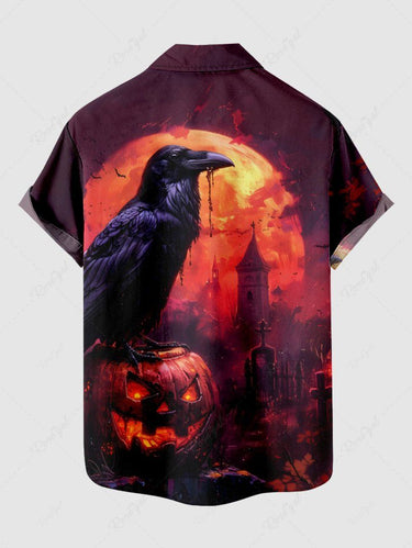 Gothic Plus Size Pumpkin Lantern Crow Castle Moon Print Halloween Button Pocket Shirt For Men