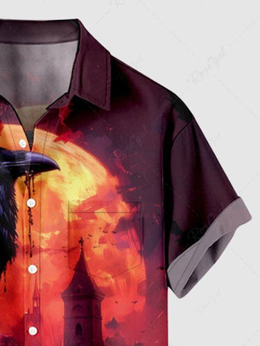 Gothic Plus Size Pumpkin Lantern Crow Castle Moon Print Halloween Button Pocket Shirt For Men