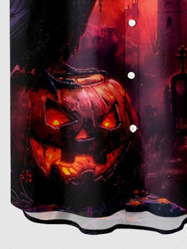 Gothic Plus Size Pumpkin Lantern Crow Castle Moon Print Halloween Button Pocket Shirt For Men