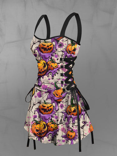 Gothic Paint Drop Pumpkin Eye Print Halloween Lace Up A Line Tank Dress