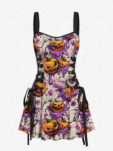 Gothic Paint Drop Pumpkin Eye Print Halloween Lace Up A Line Tank Dress Orange / L Gothic Paint Drop Pumpkin Eye Print Halloween Lace Up A Line Tank Dress Orange / L
