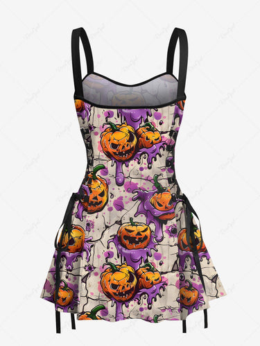 Gothic Paint Drop Pumpkin Eye Print Halloween Lace Up A Line Tank Dress