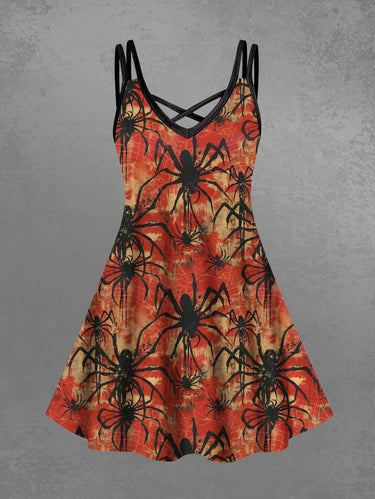Gothic Plus Size Spiders Print Halloween Crisscross A Line Cami Dress