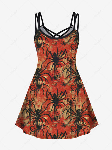 Gothic Plus Size Spiders Print Halloween Crisscross A Line Cami Dress