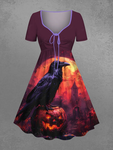 Gothic Plus Size Pumpkin Lantern Crow Castle Moon Print Halloween Cinched A Line Dress