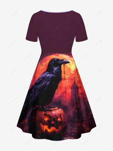 Gothic Plus Size Pumpkin Lantern Crow Castle Moon Print Halloween Cinched A Line Dress