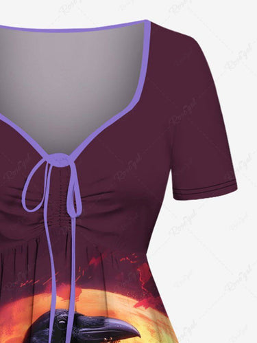 Gothic Plus Size Pumpkin Lantern Crow Castle Moon Print Halloween Cinched A Line Dress