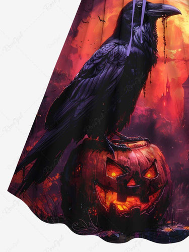 Gothic Plus Size Pumpkin Lantern Crow Castle Moon Print Halloween Cinched A Line Dress