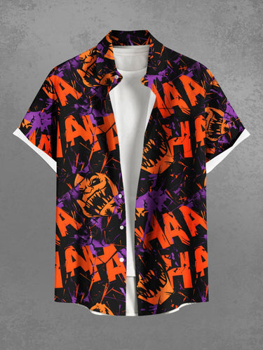 Gothic Plus Size Halloween Letters Graffiti Monster Print Buttons Pocket Shirt For Men