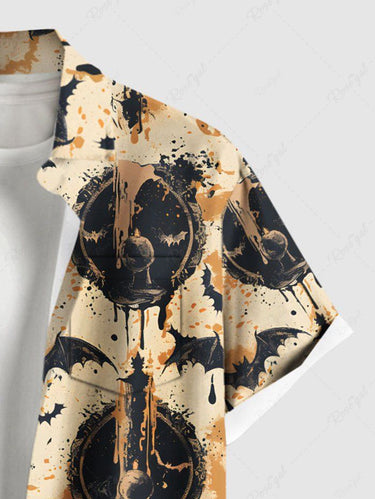 Gothic Plus Size Halloween Bat Paint Splatter Print Buttons Pocket Shirt For Men