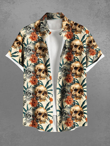 Gothic Plus Size Skulls Flowers Leaf Print Buttons Pocket Shirt For Men