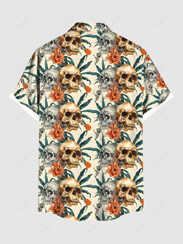 Gothic Plus Size Skulls Flowers Leaf Print Buttons Pocket Shirt For Men