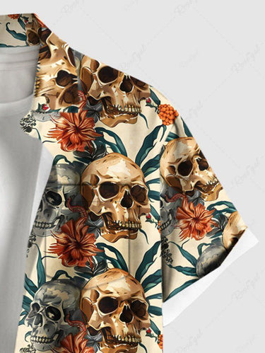 Gothic Plus Size Skulls Flowers Leaf Print Buttons Pocket Shirt For Men