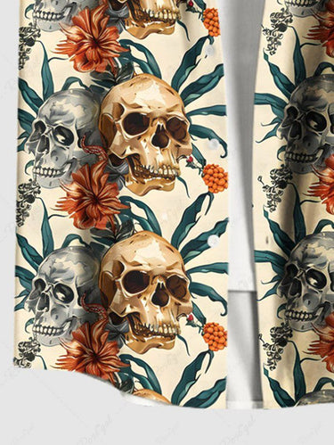 Gothic Plus Size Skulls Flowers Leaf Print Buttons Pocket Shirt For Men