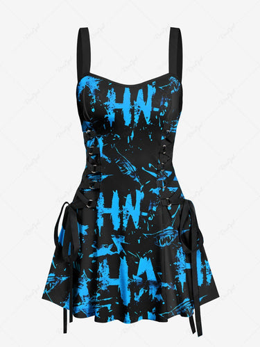 Gothic Letters Graffiti Print Lace Up Tank Dress