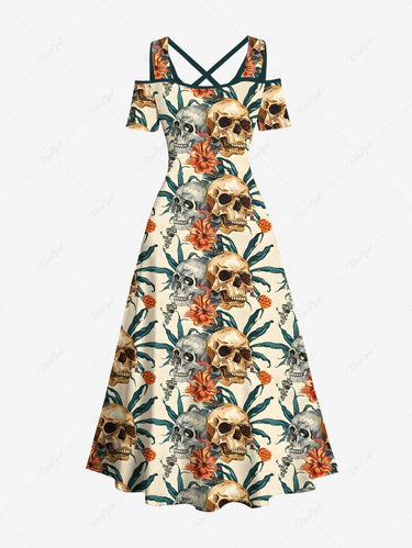 Gothic Plus Size Skulls Flowers Leaf Print Cold Shoulder Crisscross Maxi Dress