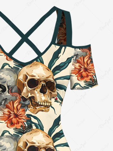 Gothic Plus Size Skulls Flowers Leaf Print Cold Shoulder Crisscross Maxi Dress