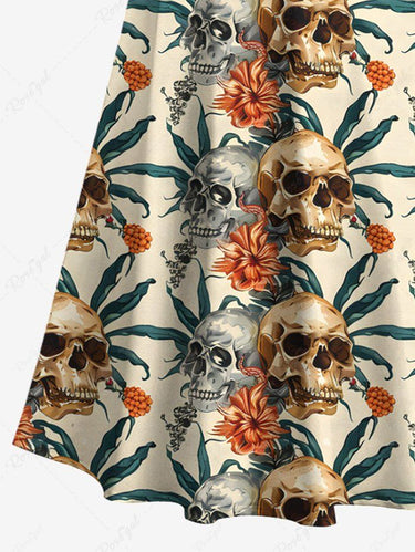 Gothic Plus Size Skulls Flowers Leaf Print Cold Shoulder Crisscross Maxi Dress