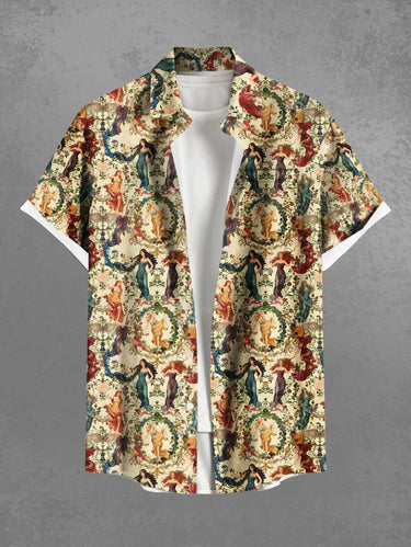 Gothic Plus Size Victorian Style Goddess Flower Wreath Print Buttons Pocket Shirt For Men