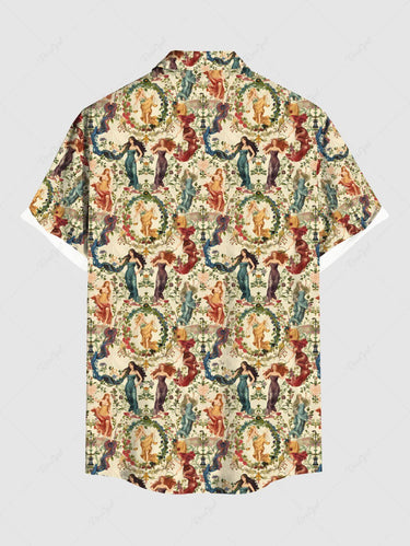 Gothic Plus Size Victorian Style Goddess Flower Wreath Print Buttons Pocket Shirt For Men