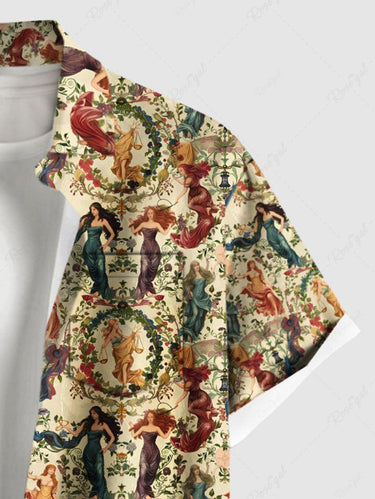 Gothic Plus Size Victorian Style Goddess Flower Wreath Print Buttons Pocket Shirt For Men