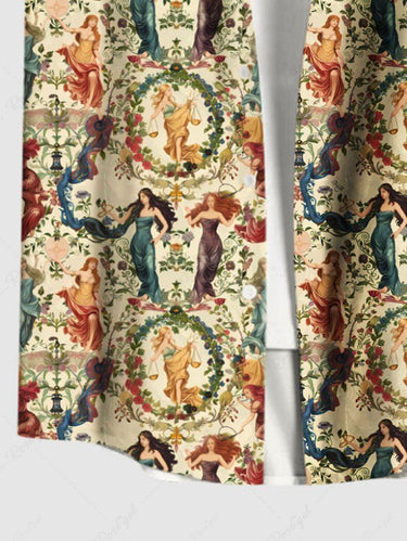 Gothic Plus Size Victorian Style Goddess Flower Wreath Print Buttons Pocket Shirt For Men