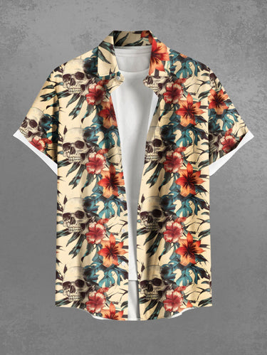 Gothic Plus Size Skulls Hibiscus Flowers Print Buttons Pocket Hawaii Shirt For Men