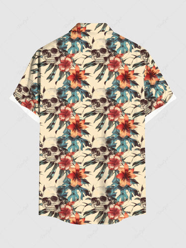 Gothic Plus Size Skulls Hibiscus Flowers Print Buttons Pocket Hawaii Shirt For Men
